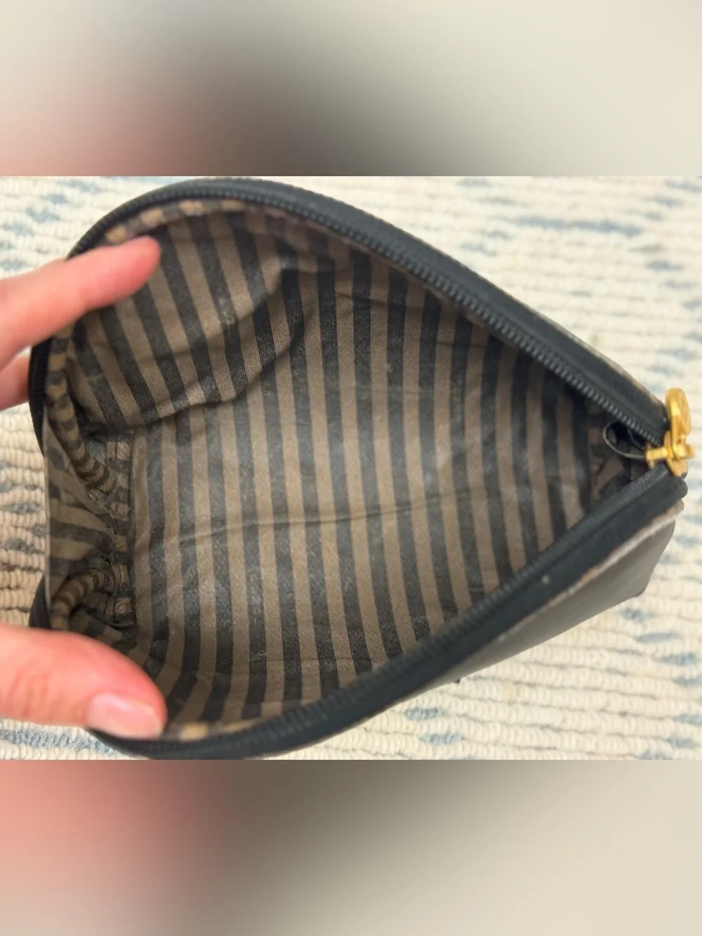 FENDI Vintage 90’s Signature Pequin Black Nylon Half-Moon Clutch/Cosmetic Pouch